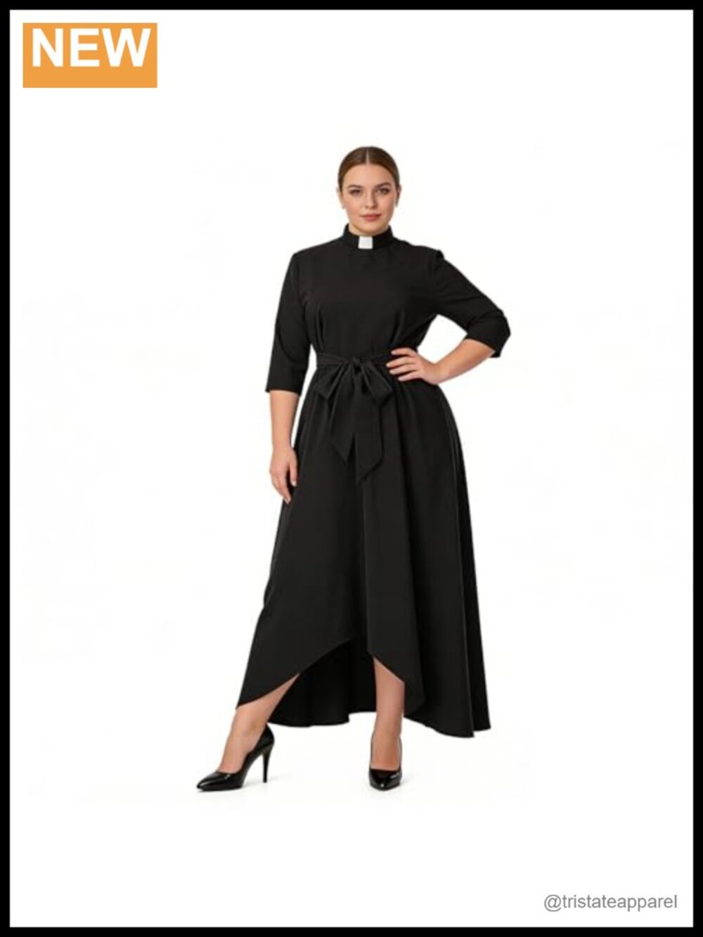 Clergy Maxi Dress Half Sleeve Tab Collar Belted Church Dress